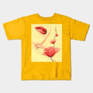 Red lips red poppies Kids T-Shirt